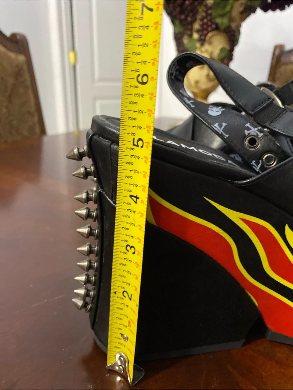 Lamo Black Platform Sandals with Red & Yellow Flame and Skull Detail